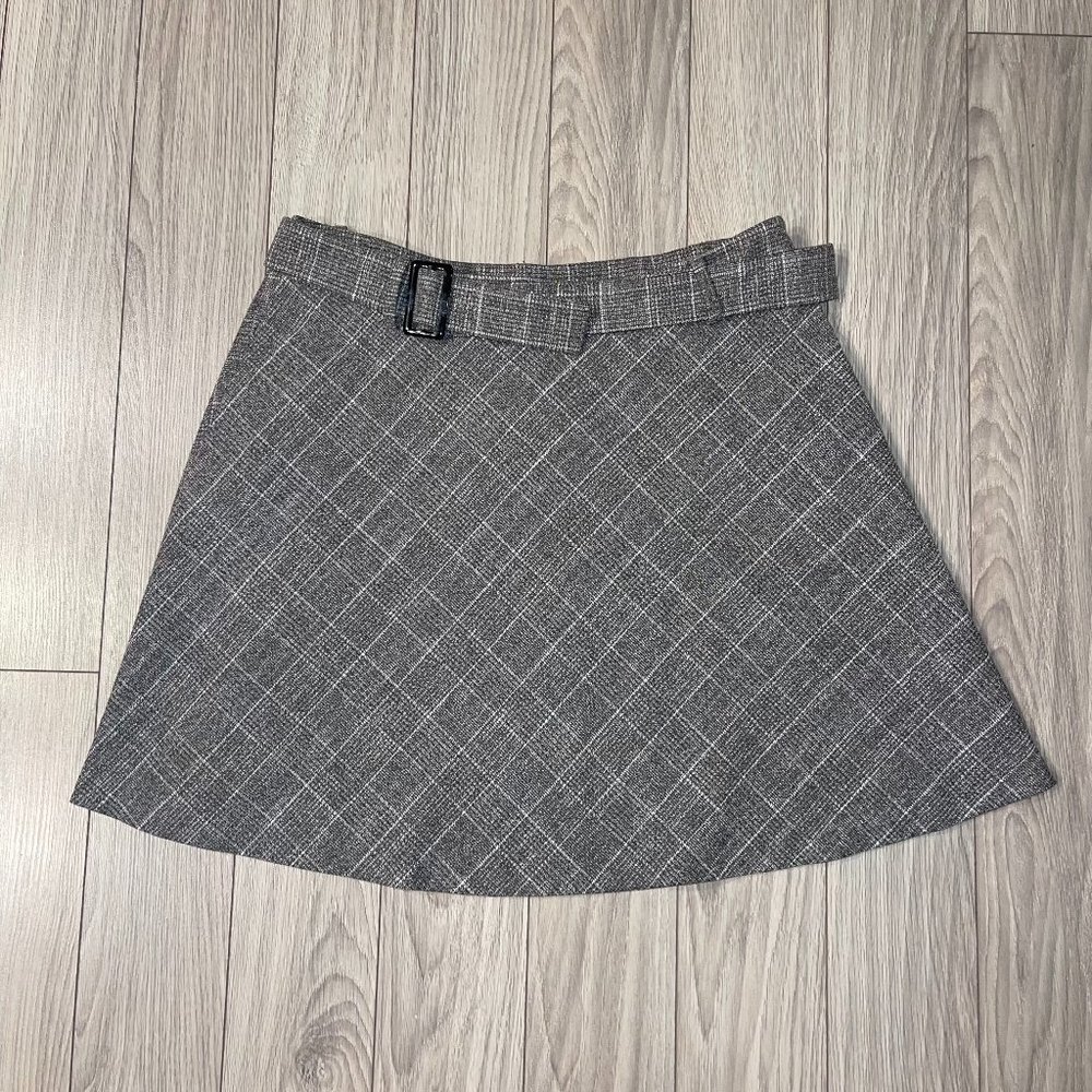 Loft Belted A-Line Diagonal Lined Gray Plaid Skirt